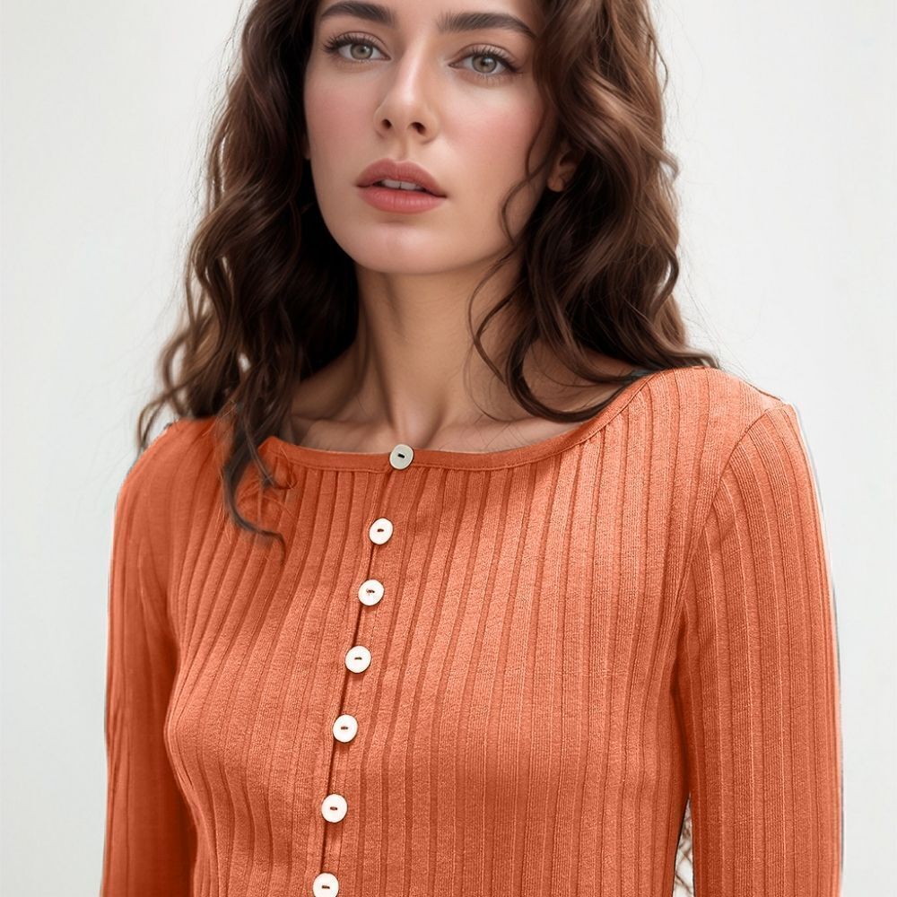 Basic Bae Texture Button Up Ribbed Fittes Cardigan Top Orange - Picture 3 of 4